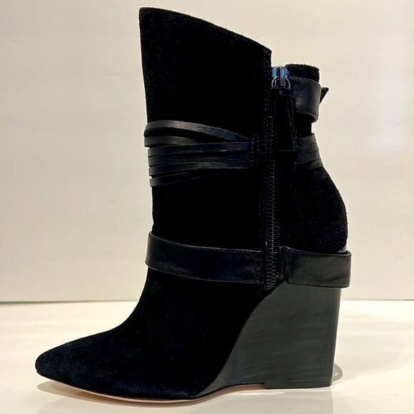 Alice + Olivia Owen Pointy Toe Wedge Heel Suede Black Booties Size 36 NWOT - Picture 2 of 16